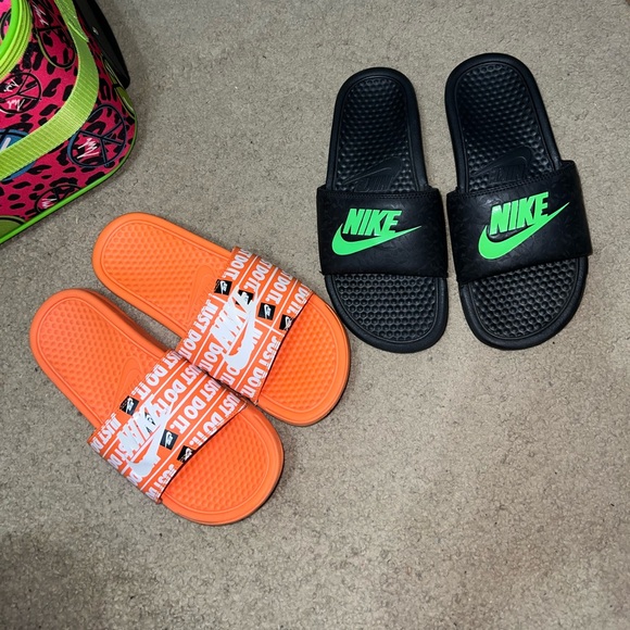 Nike Black and Green Slides with Orange Just Do It Slides - Picture 5 of 12